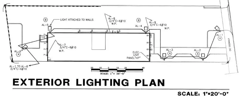 Exterior lighting plan drawing marking fixture positions and conduit runs along a building